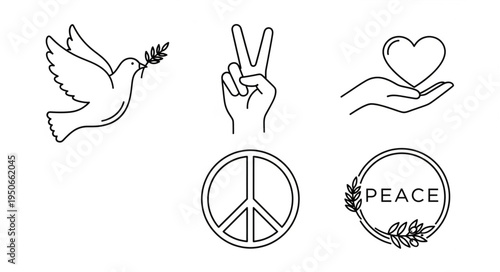 Peace symbols collection including dove heart hand and sign.