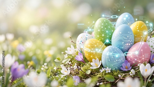 Colorful easter eggs with digital circuits in grassy nest surrounded by spring crocuses. Modern technology fusion with traditional holiday symbols. Innovative digital easter celebration and renewal