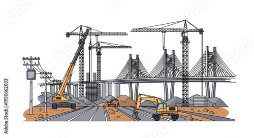 Construction site with cranes and heavy machinery building a bridge.