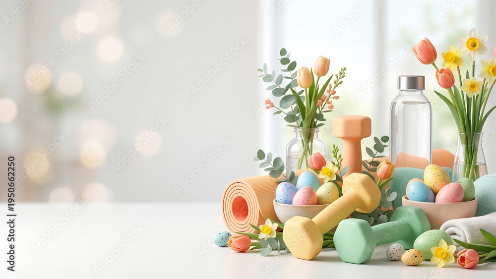 Obraz premium Pastel easter eggs surrounded by tulips and fitness equipment on white table. Spring healthy living and holiday celebration concept. Easter motivation for wellness and renewal