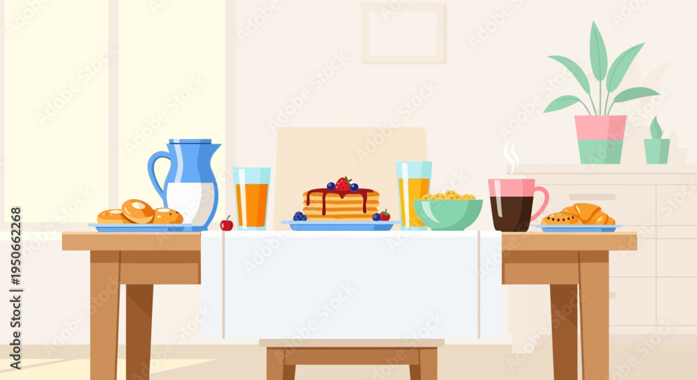 Fototapeta premium Delicious Breakfast Spread with Pancakes and Juices.