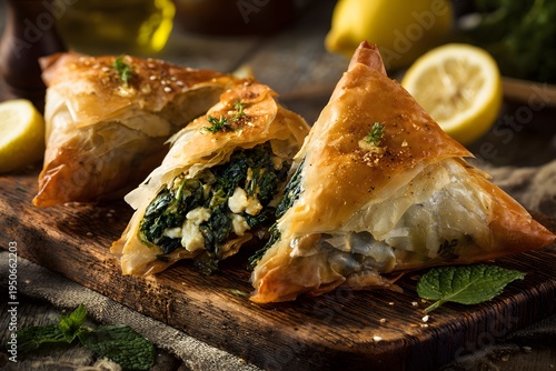 Detailed analysis of golden-brown savory pastries, revealing flaky crust and rich green spinach-feta filling, objectively presented.