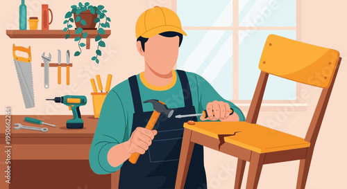 Carpenter repairing a broken wooden chair with tools.