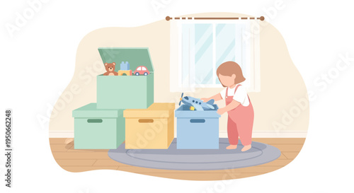 Child organizing toys in storage bins.