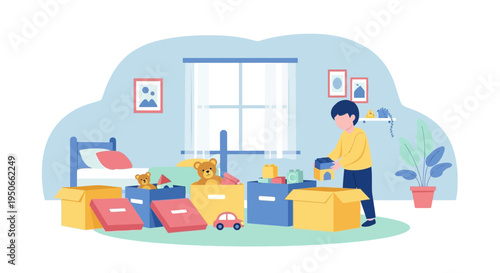 Boy Organizing Toys in a Messy Bedroom.