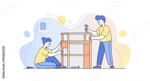 Couple assembling furniture together with tools.