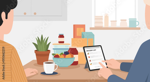 Couple planning groceries on tablet with fresh fruit and coffee.