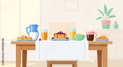 Delicious Breakfast Spread with Pancakes and Juices.