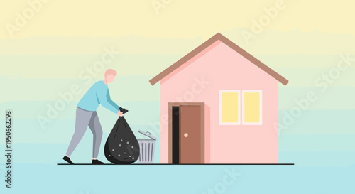 Elderly man taking out trash bag from house.