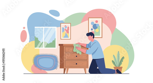 Man cleaning a wooden dresser with a cloth.