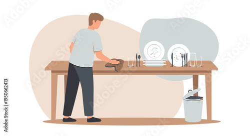 Man cleaning a wooden table with a cloth.