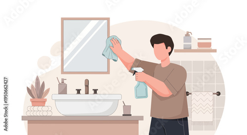 Man cleaning bathroom mirror with spray bottle and cloth.