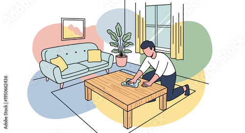 Man cleaning wooden coffee table with cloth.
