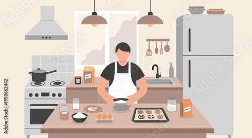 Man in apron baking in a kitchen.