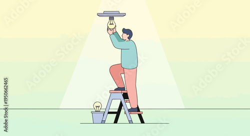 Man on Ladder Fixing Ceiling Light Bulb.