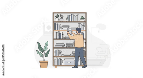 Man Organizing Books on a Tall Bookshelf.