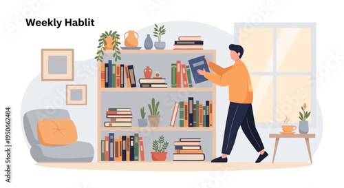 Man organizing books on a shelf a weekly habit.