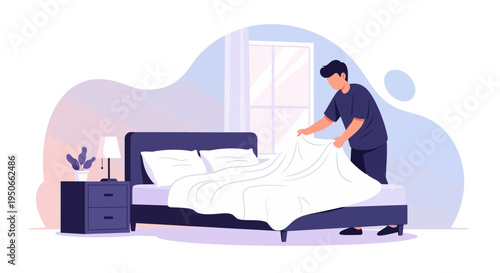 Man Making Bed Morning Routine Fresh Start.