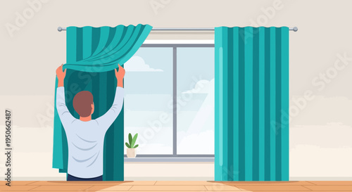 Man opening teal curtains revealing window view.