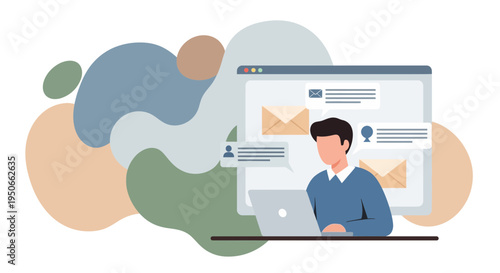 Man working on laptop with digital interface and abstract shapes.