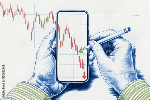 Hands Analyzing Falling Stock Market on Smartphone, Financial Risk Concept