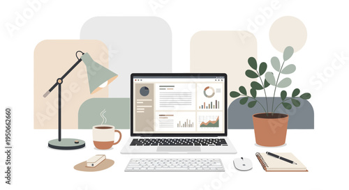 Modern Home Office Desk Setup with Laptop and Coffee.