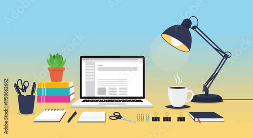 Modern Home Office Desk Setup with Laptop and Lamp.