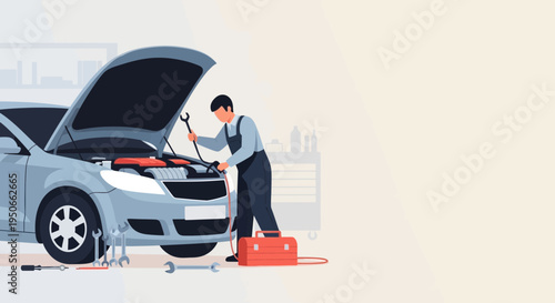 Mechanic working on car engine with tools and toolbox.