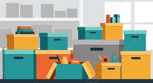 Moving Boxes Stacked High Ready for Relocation.