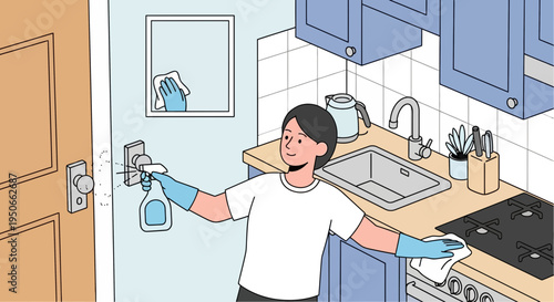 Person cleaning a light switch with spray and cloth.
