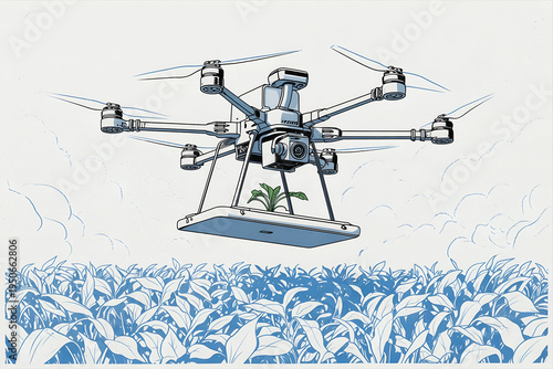 Drone Flying Over Crops Capturing Aerial View, Precision Agriculture Concept