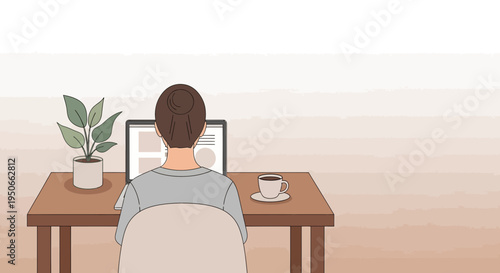 Person working on laptop at desk with plant and coffee.