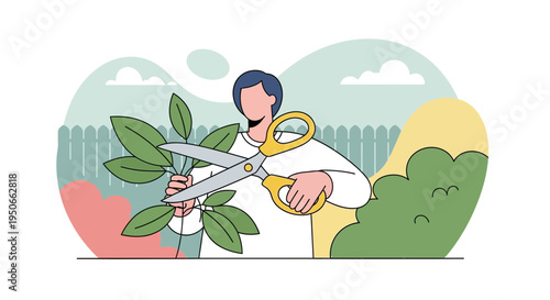 Person trimming green plant with large scissors.