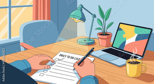 Person writing daily to do list at desk with laptop and coffee.