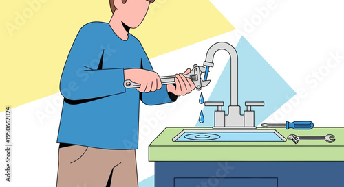 Plumber fixing a kitchen sink faucet with wrench.