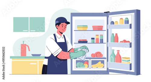 Professional cleaner meticulously organizing a refrigerator.