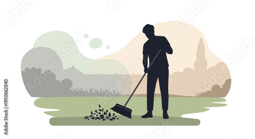 Silhouette of a person sweeping leaves outdoors.