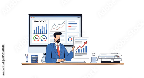 Vector illustration of businessman at desk with analytics charts and graphs