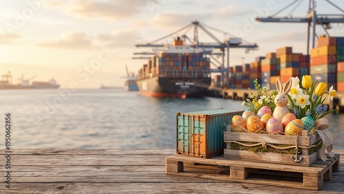 Easter eggs and spring flowers in wooden crate on dock with cargo ships and cranes in background. Holiday symbols delivered by sea port. Global trade and celebration concept