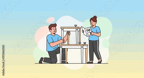 Two people assembling furniture together with focus and care.