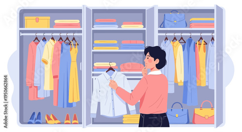 Woman choosing clothes from a wellorganized closet.