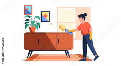 Woman cleaning a wooden cabinet with a yellow cloth.