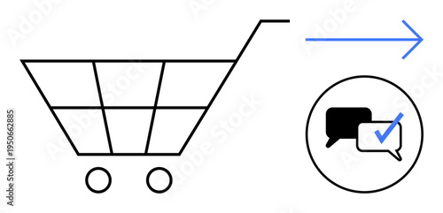 Shopping cart with arrow leading to chat bubble and checkmark icon representing ordering steps. Ideal for e-commerce, shopping experience, communication, approval process, customer service, retail