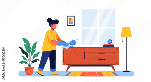 Woman cleaning furniture with cloth and gloves.