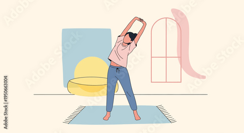 Woman stretching and exercising at home.