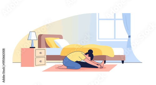 Woman stretching on yoga mat in bedroom.