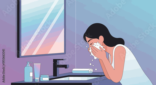 Woman washing face with water and soap in bathroom sink.