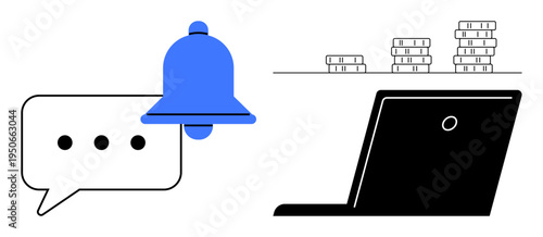 Communication, online shopping, notifications, fintech, business management, remote work. Blue notification bell on a chat bubble, laptop and stacked coins. Notifications and fintech concept