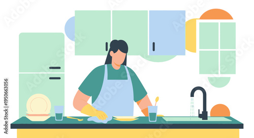 Woman wearing apron and gloves cleaning kitchen sink.