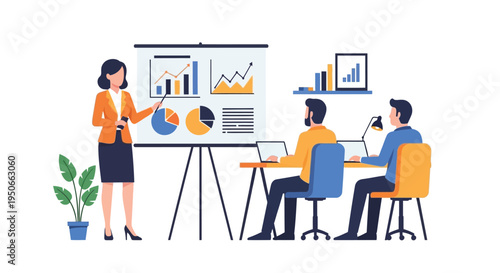 Vector illustration of business team meeting with presentation and graphs